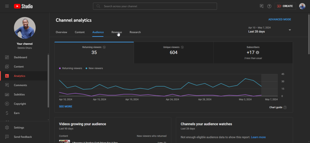 A picture showing the Analytics, Audience tab of Youtube studio