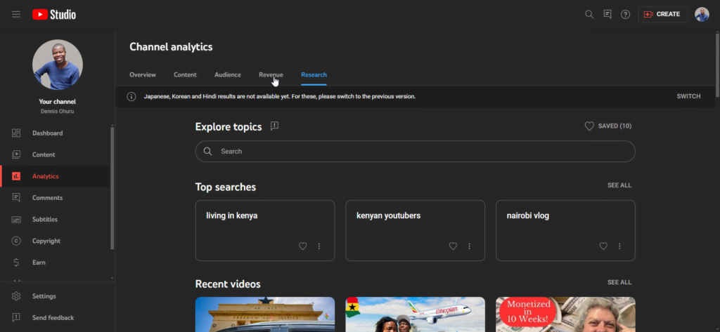 A picture showing the Analytics, research tab of Youtube studio