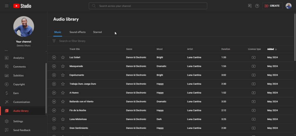 A picture showing the Audio library section of Youtube studio
