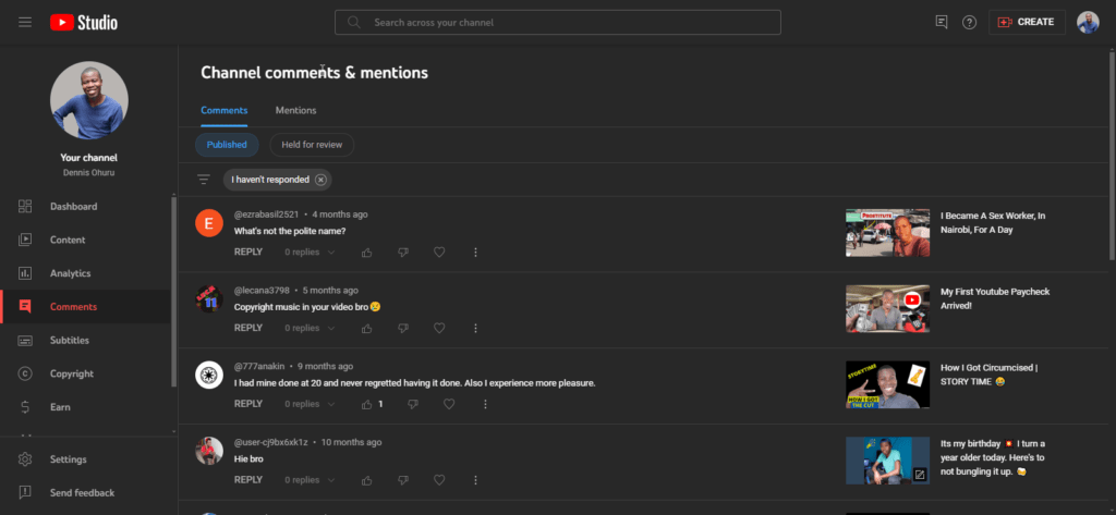 A picture showing the comments section of Youtube studio