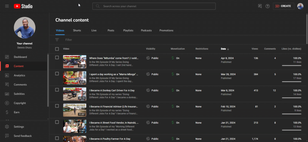 A picture showing the content tab of YouTube Studio