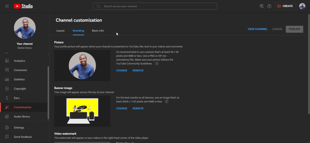 A picture showing the customization tab of Youtube studio