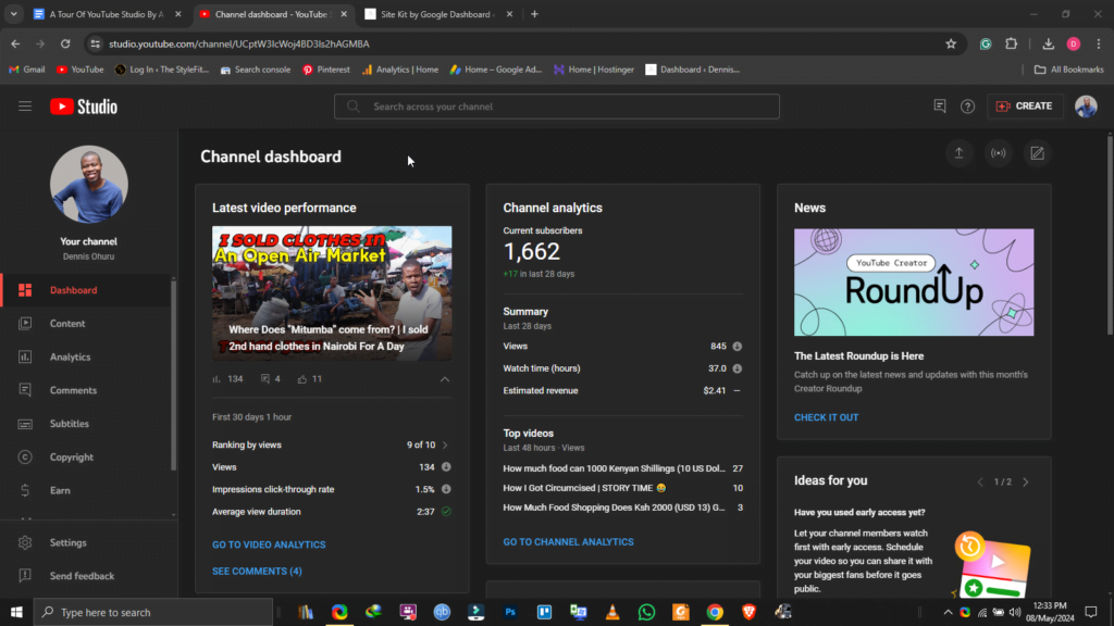 A picture of the Dashboard in Youtube Studio