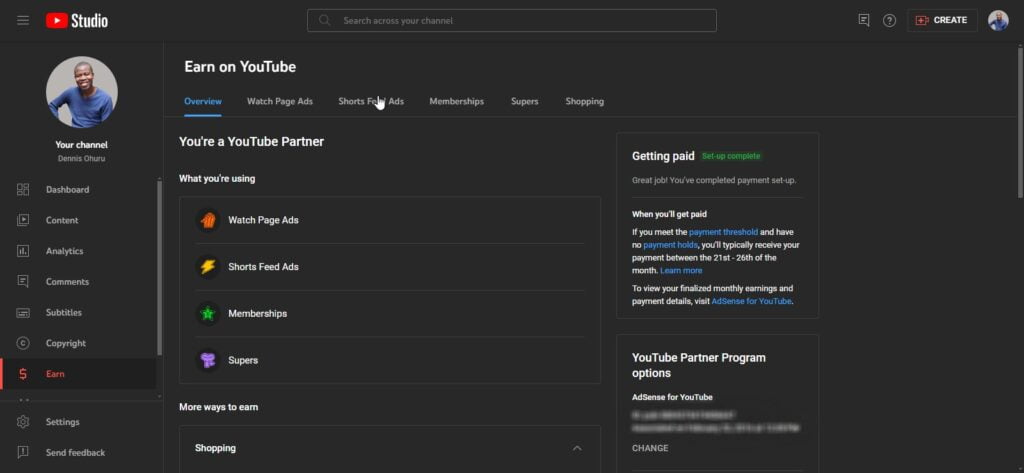 A picture showing the Earn section of Youtube studio