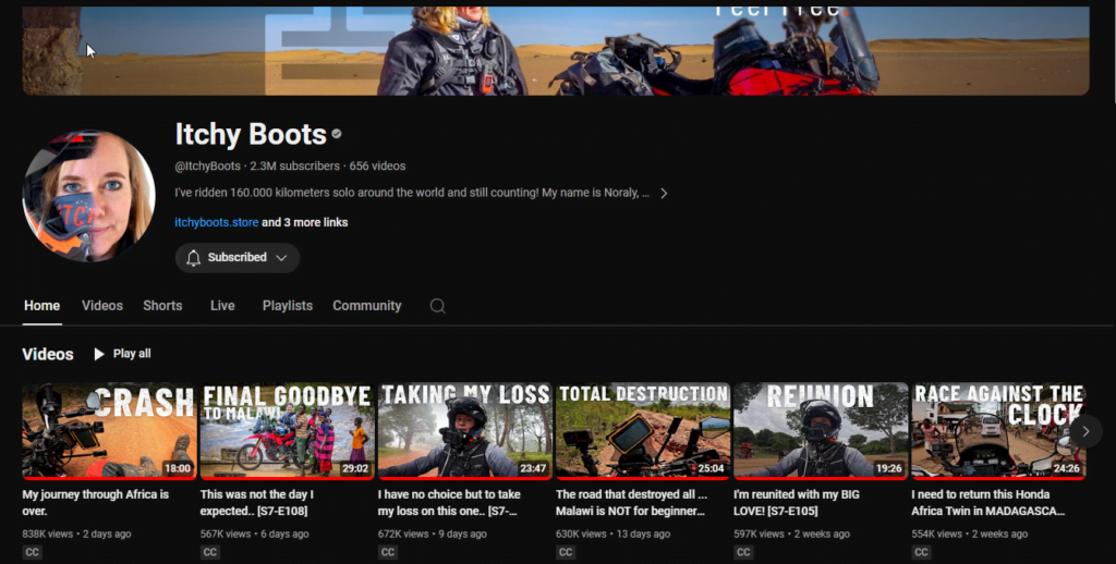 A picture of Itchy Boot's youtube channel. Itchy boots is a famous travel vlogger on Youtube.